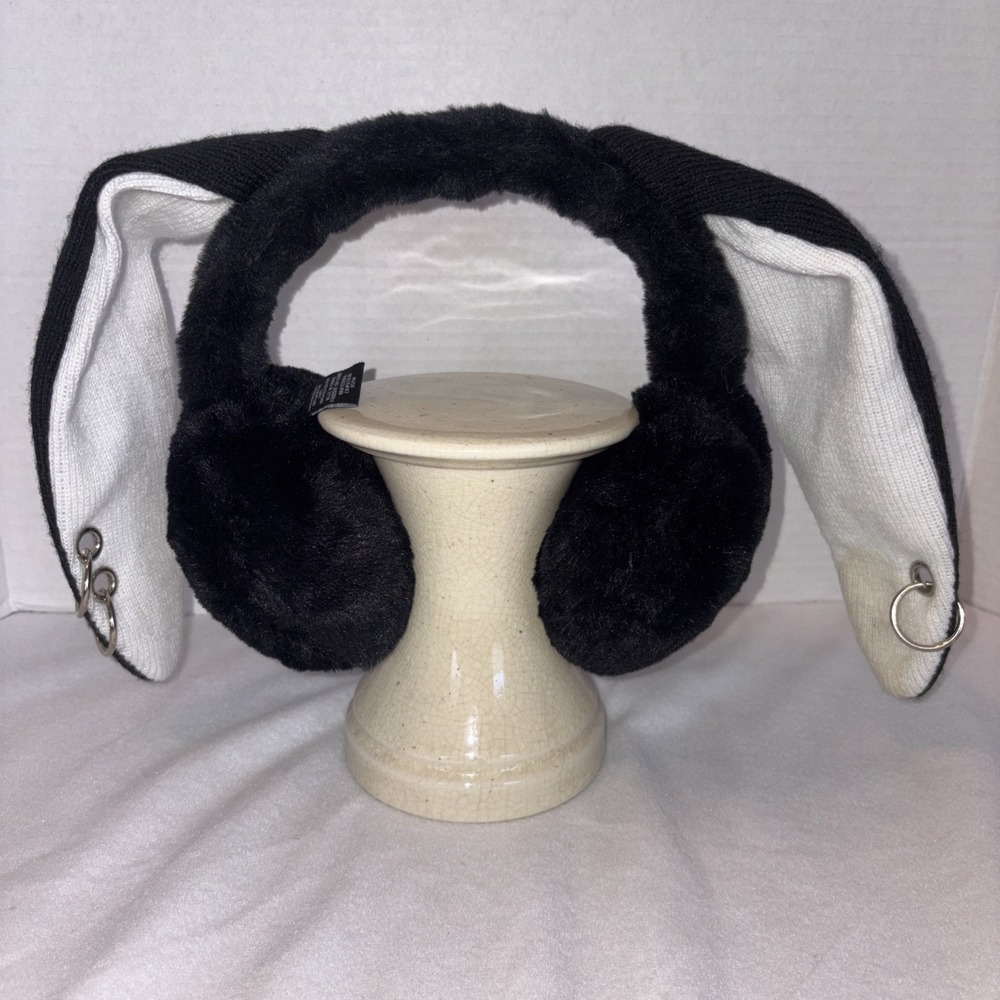 A Pair Of Black, Plush Earmuffs With Poseable Rabbit, Ears, And‎ Earrings.